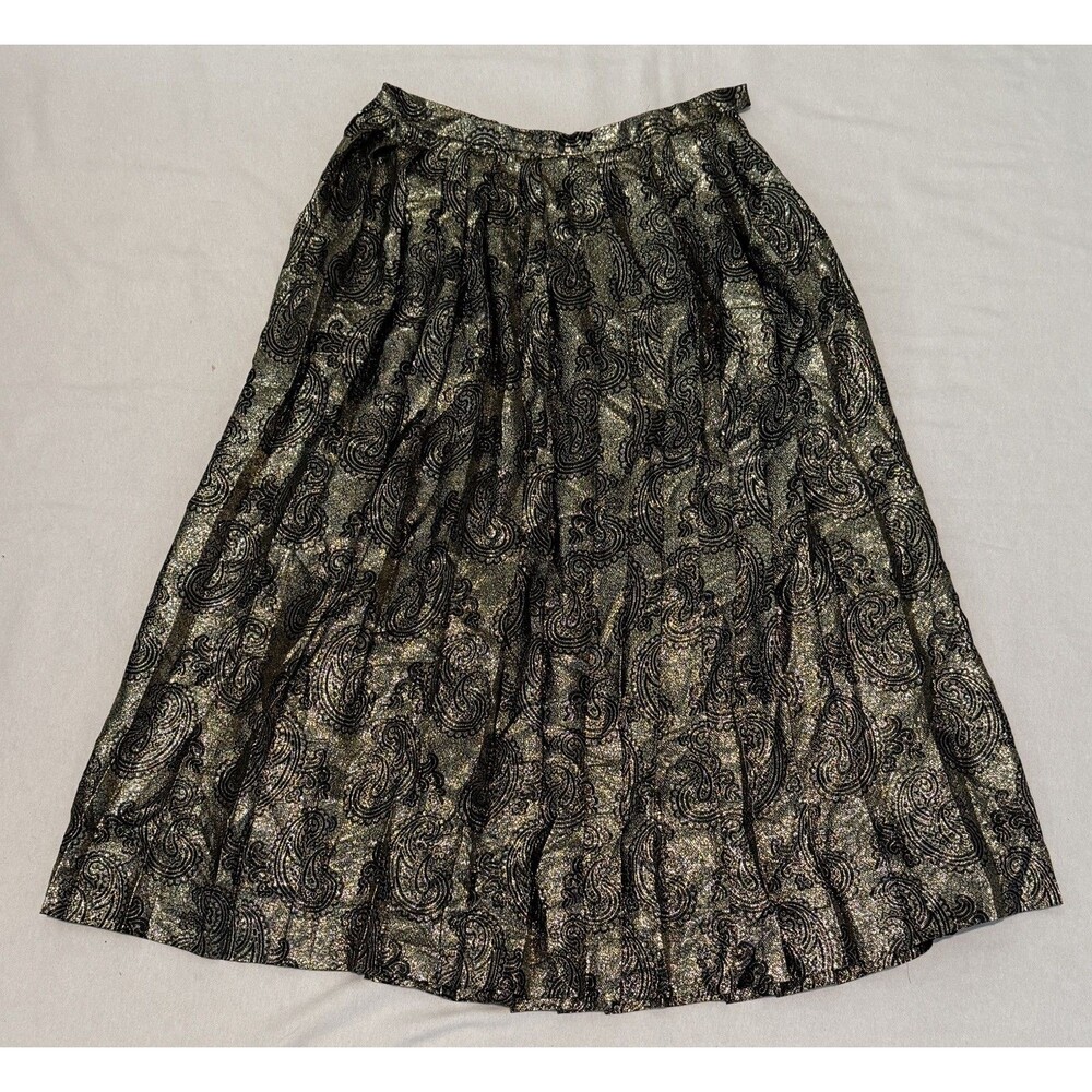 Vintage Tica Women’s Metallic Gold Black Pleated Long Skirt Size 12 Holidays